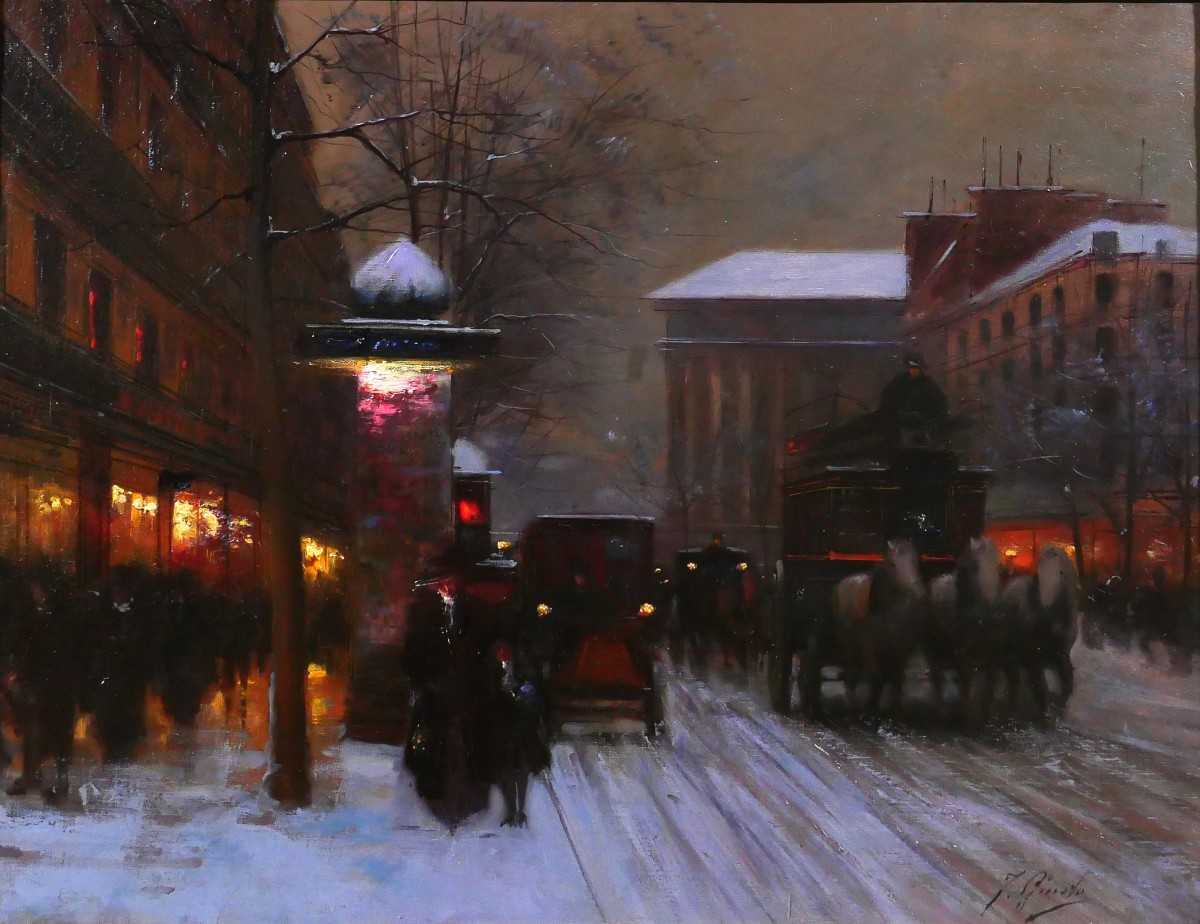 Fausto Giusto, 1867-1941, Paris, effet de nuit et de neige, tableau, vers 1900, paysage