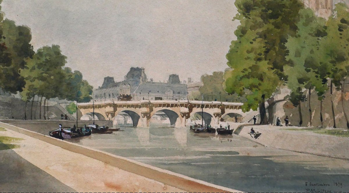 Paul Mültzer 1833-1891 Paris, le Pont-Neuf, dessin, aquarelle 1879 impressionnisme paysage-photo-3