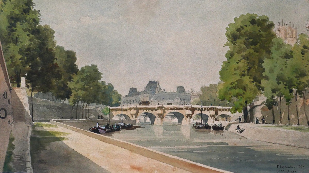 Paul Mültzer 1833-1891 Paris, le Pont-Neuf, dessin, aquarelle 1879 impressionnisme paysage