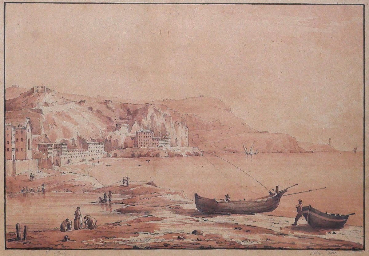 P. Merle, 19th Century, Nice, View Of The Seafront, Drawing, 1835, Landscape, Painting, History, Romanticism, Guiaud
