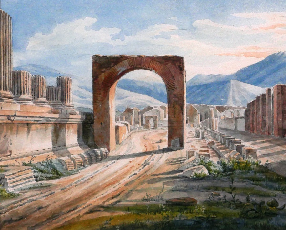 Philippe Cannissié 1799-1877 Pompéi, paysage du forum, dessin, 1825 Italie Antiquité Rome-photo-4