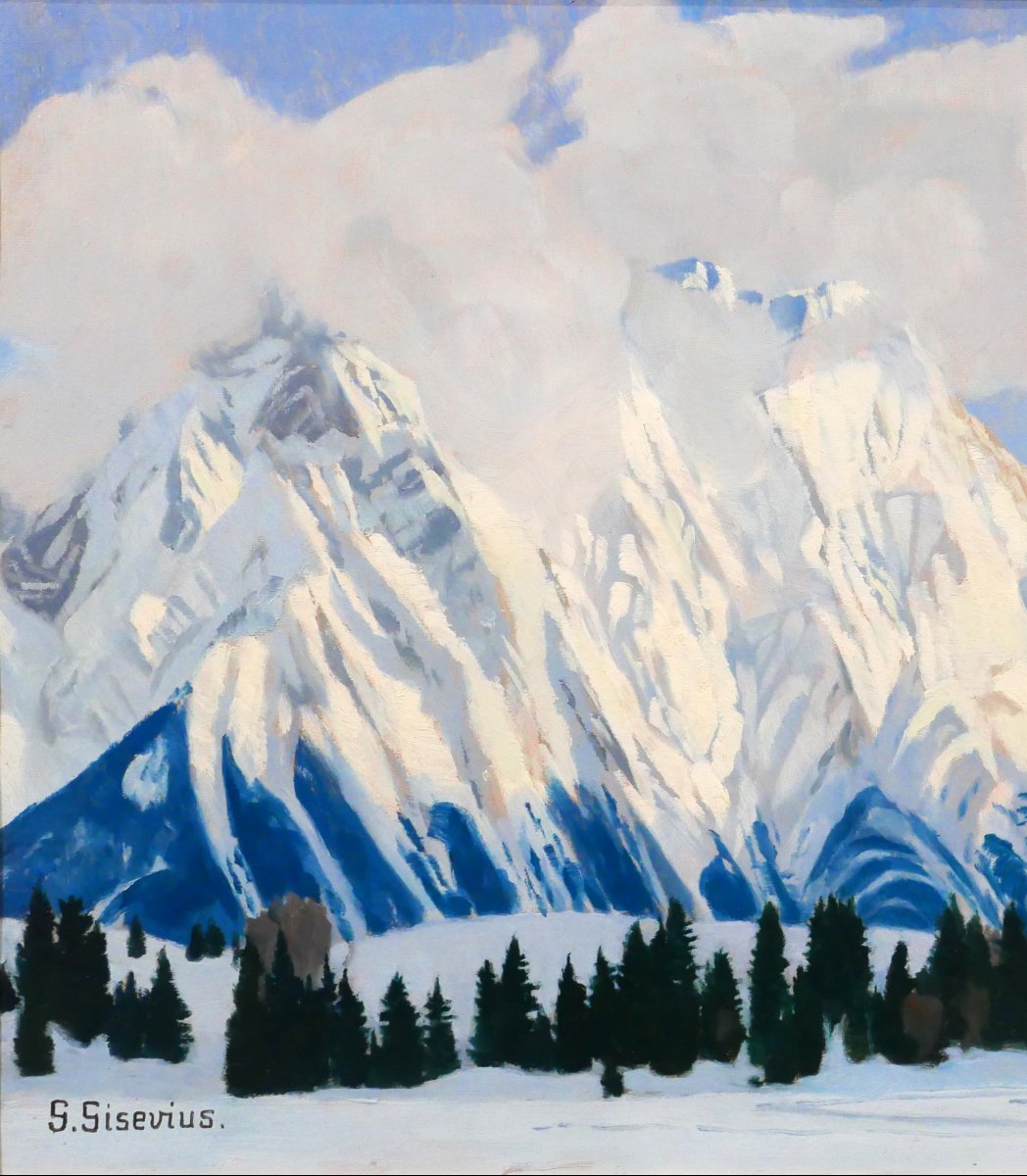 Gerhard Gisevius 1879-1962 Alps, Mountain Landscape, Snow Effect, Painting Circa 1930-photo-3