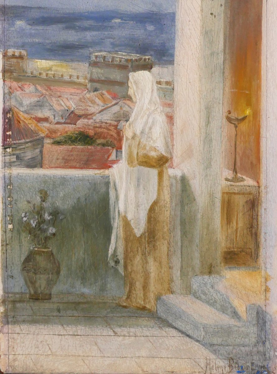 Ecole française début 20e, femme devant une ville au clair de lune, tableau signé, symbolisme-photo-4