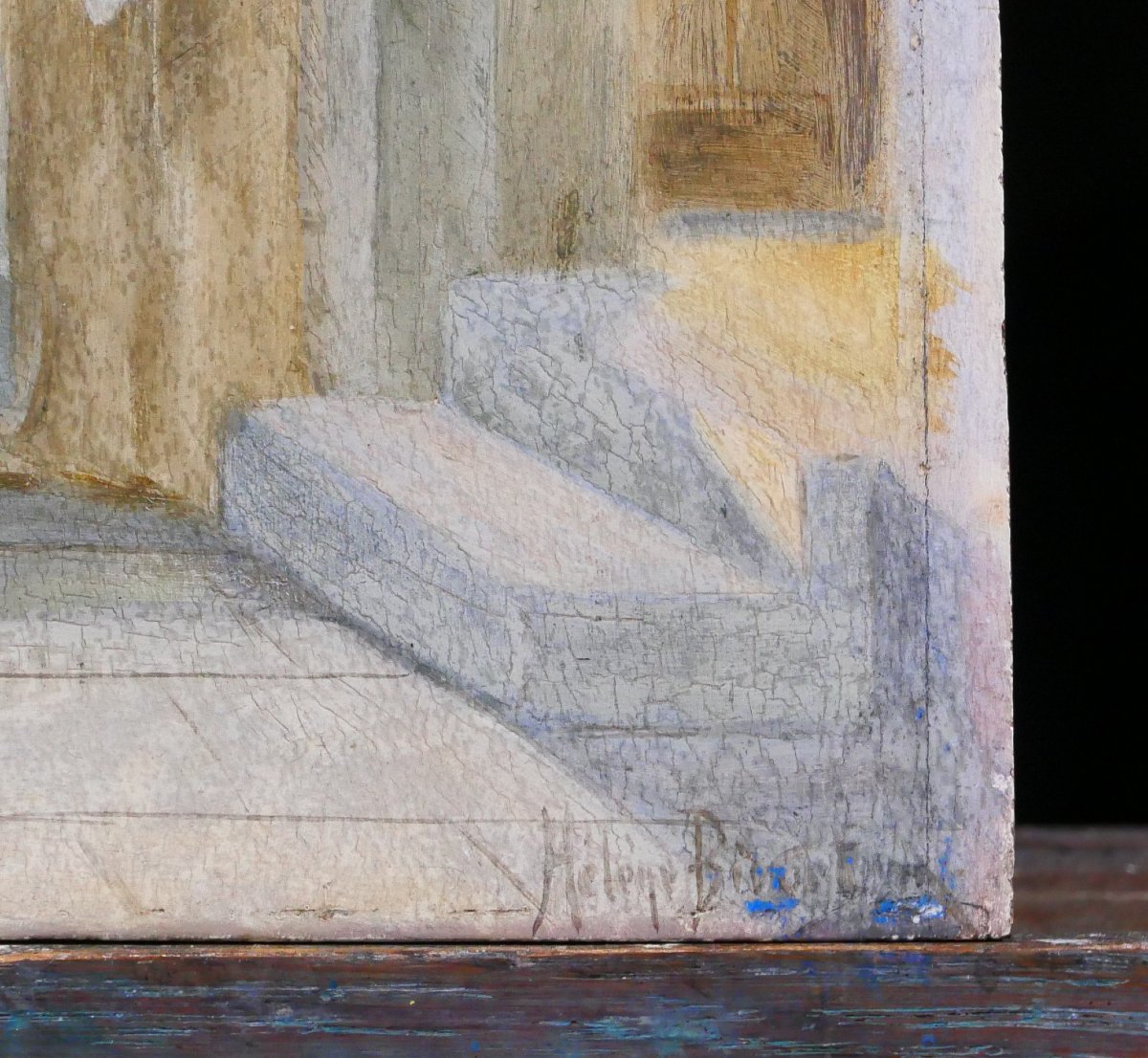 Ecole française début 20e, femme devant une ville au clair de lune, tableau signé, symbolisme-photo-1