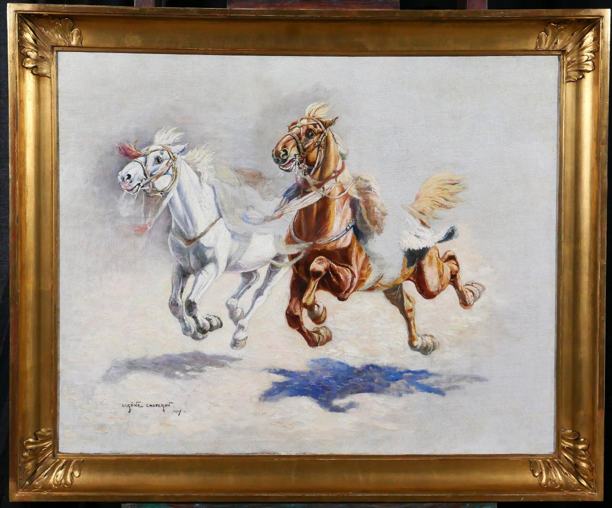 Eugène CHAPERON 1857-1938 Chevaux, tableau, 1907 étude militaria Napoléon Empire Ségur bataille-photo-2