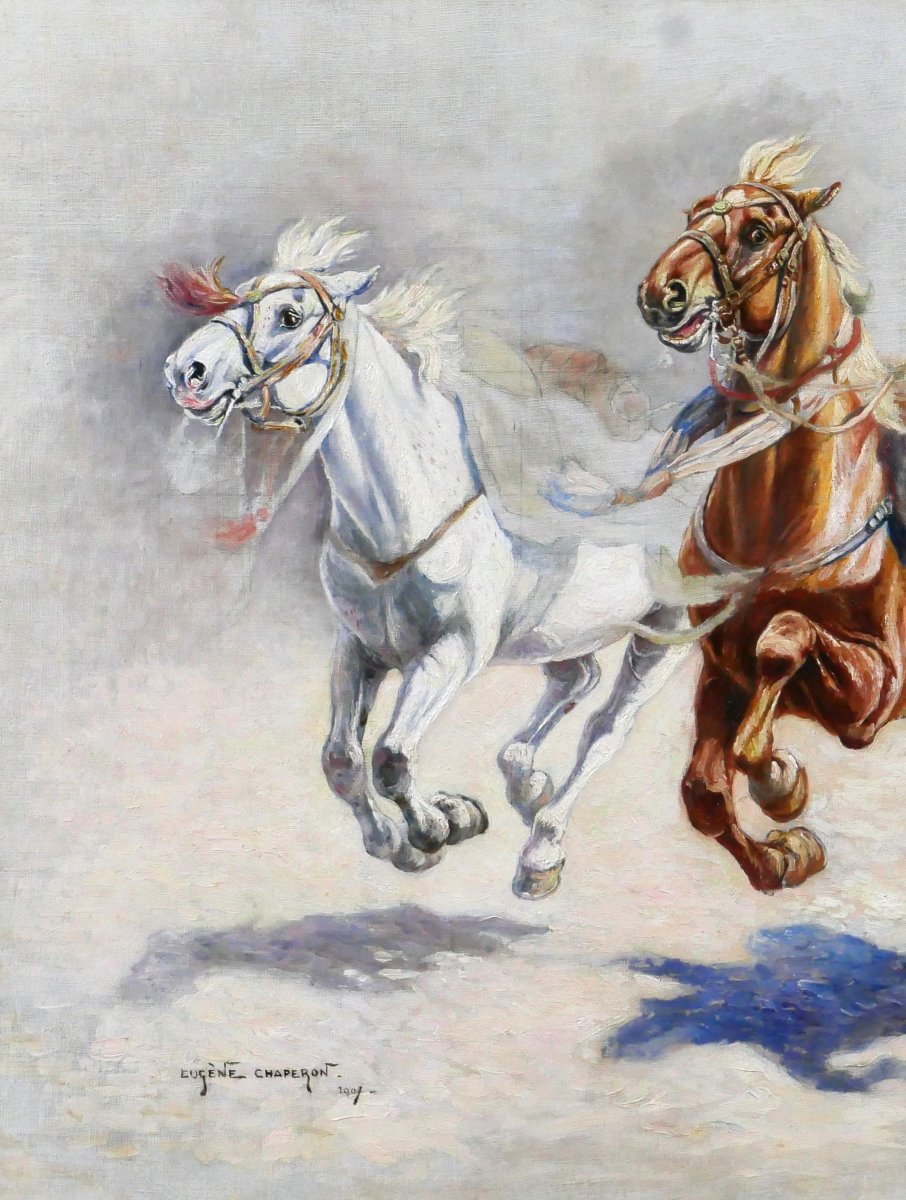 Eugène CHAPERON 1857-1938 Chevaux, tableau, 1907 étude militaria Napoléon Empire Ségur bataille-photo-3