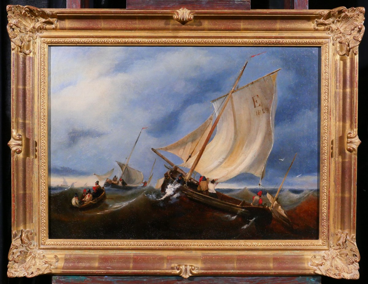 French School Of The 19th Century, Boats By Sea, Painting, 1829 Romantism Seascape-photo-2