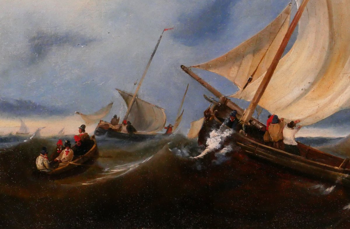 French School Of The 19th Century, Boats By Sea, Painting, 1829 Romantism Seascape-photo-4
