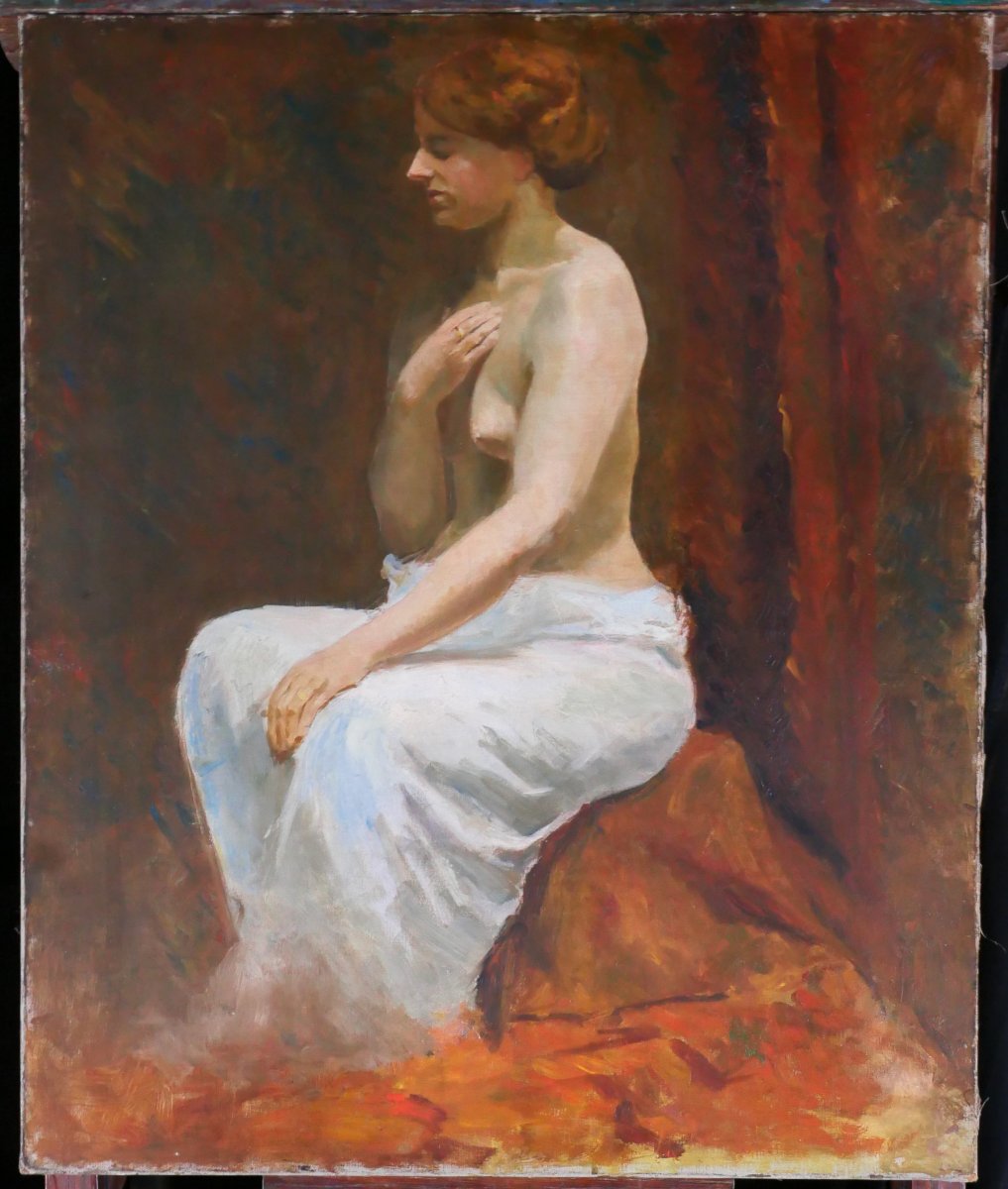 French School Circa 1900-1910 Nude Woman, Academic Style, Art Nouveau Painting-photo-2
