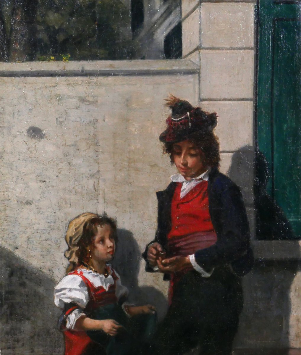 Evariste De Valernes 1816-1896 Children Counting Their Pennies, Painting Italy Traditional Costume-photo-3