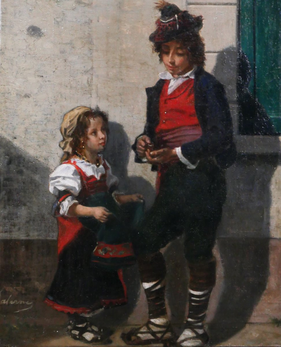 Evariste De Valernes 1816-1896 Children Counting Their Pennies, Painting Italy Traditional Costume-photo-4
