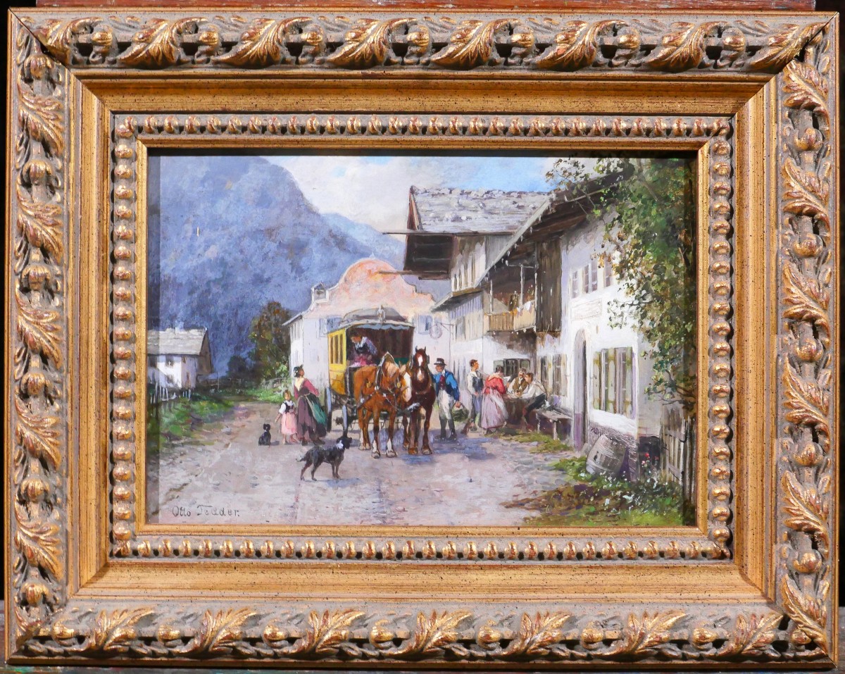 Otto Fedder 1873-1918 Allemagne, Bayern, paysage à l'auberge, Mittenwald tableau chevaux-photo-2