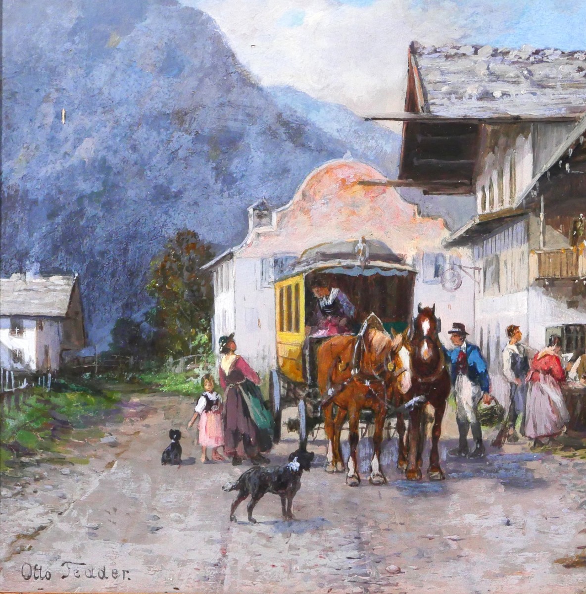 Otto Fedder 1873-1918 Allemagne, Bayern, paysage à l'auberge, Mittenwald tableau chevaux-photo-3