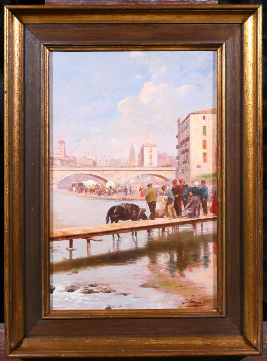 J. Grassin, Espagne, Girona, vue du Pont de pedra, paysage vers 1900 modernisme tableau-photo-2