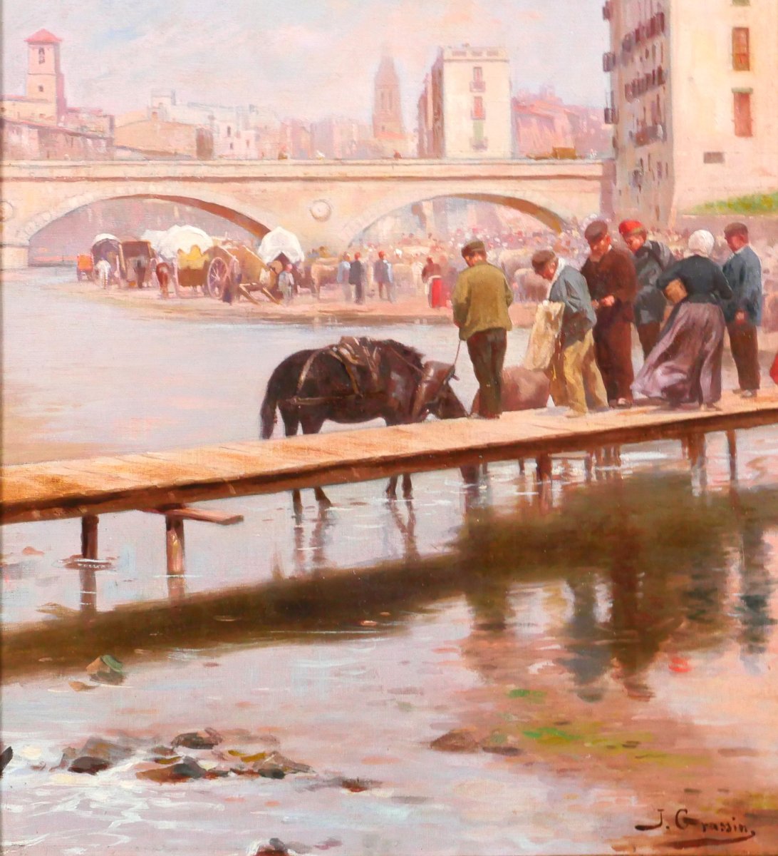 J. Grassin, Espagne, Girona, vue du Pont de pedra, paysage vers 1900 modernisme tableau-photo-4