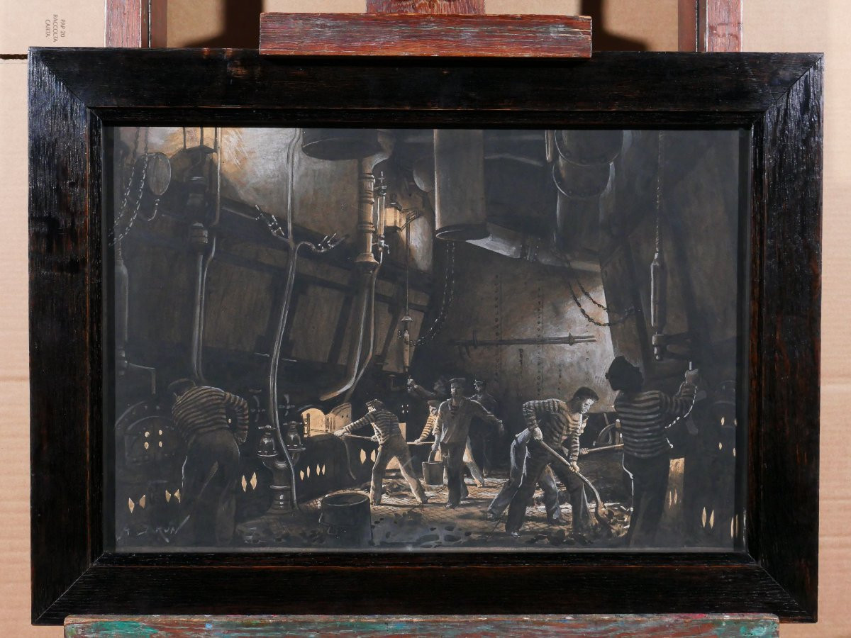 Alexandre BRUN 1853-1941 La salle des machines du bateau, dessin vers 1900 tableau marine mer-photo-2