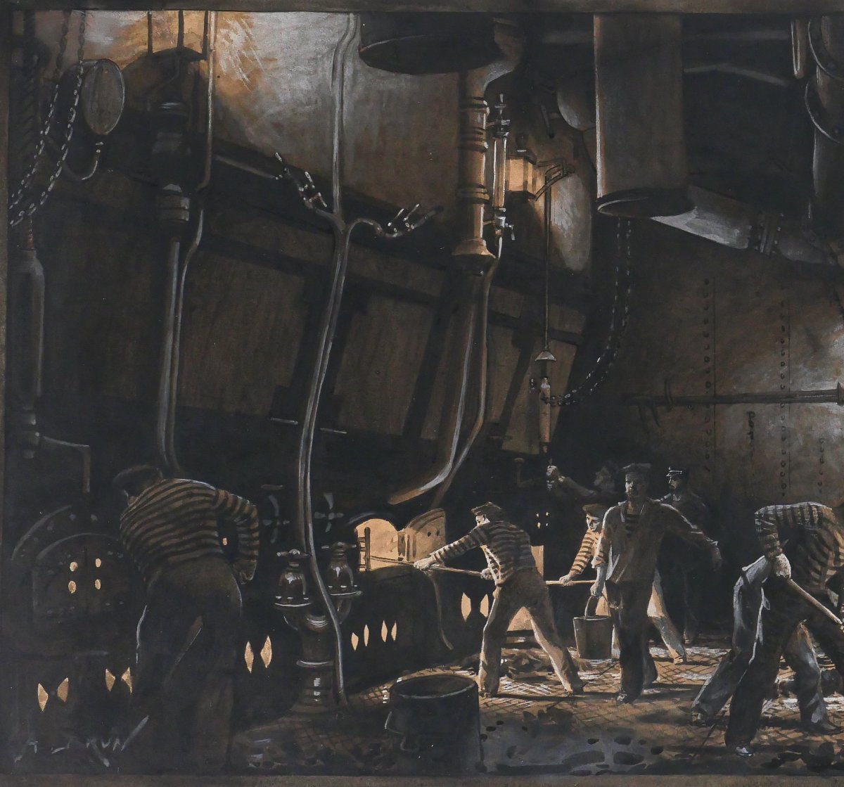 Alexandre BRUN 1853-1941 La salle des machines du bateau, dessin vers 1900 tableau marine mer-photo-3