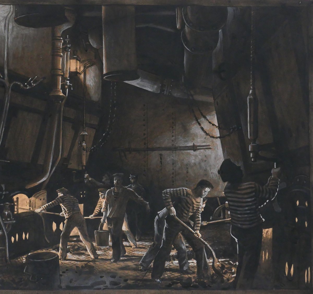 Alexandre BRUN 1853-1941 La salle des machines du bateau, dessin vers 1900 tableau marine mer-photo-4