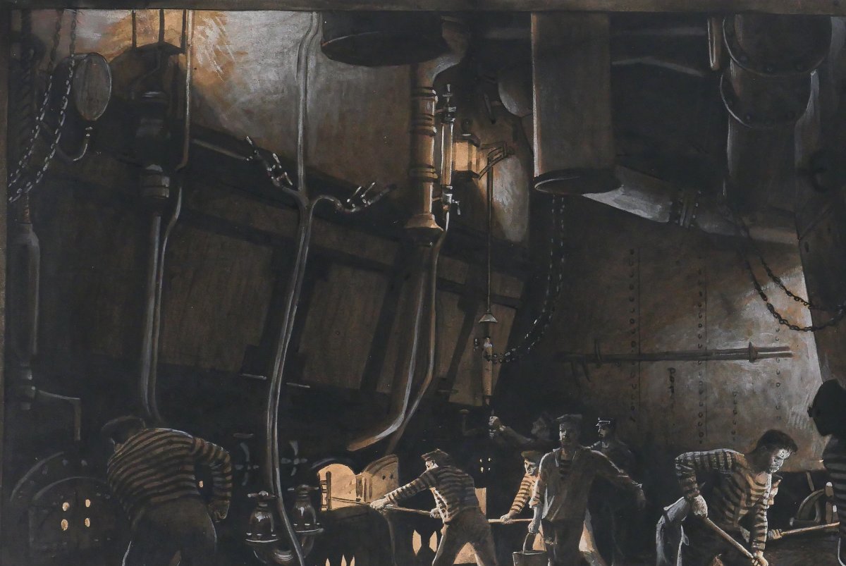 Alexandre BRUN 1853-1941 La salle des machines du bateau, dessin vers 1900 tableau marine mer-photo-1