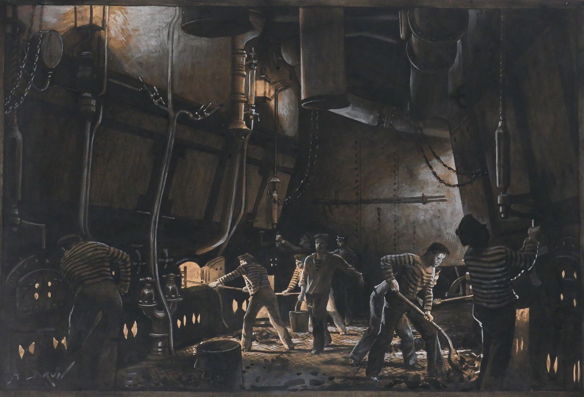 Alexandre BRUN 1853-1941 La salle des machines du bateau, dessin vers 1900 tableau marine mer
