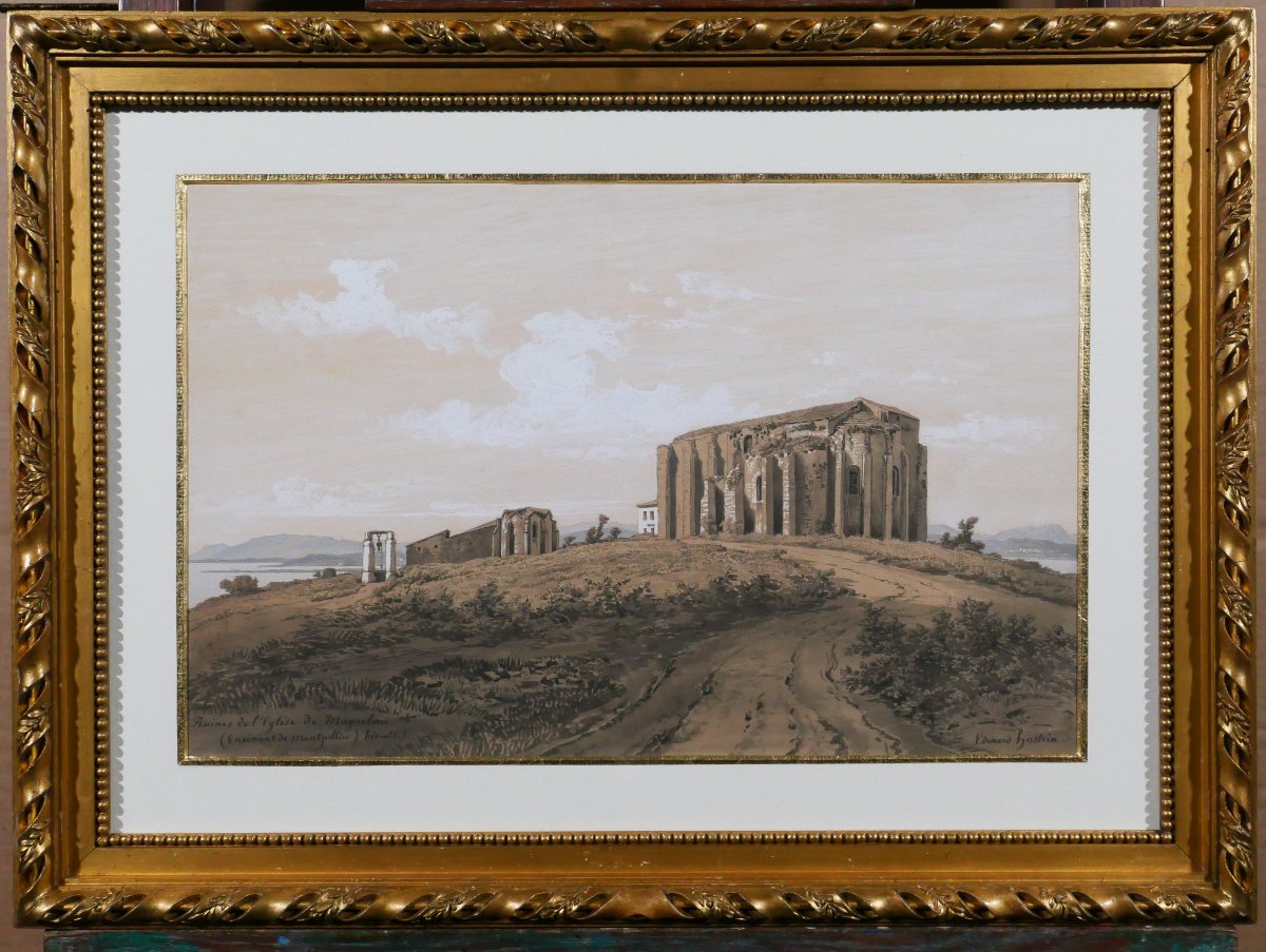 Edouard HOSTEIN 1804-1889 Hérault, Maguelone, cathédrale, dessin, vers 1850 paysage romantisme-photo-2