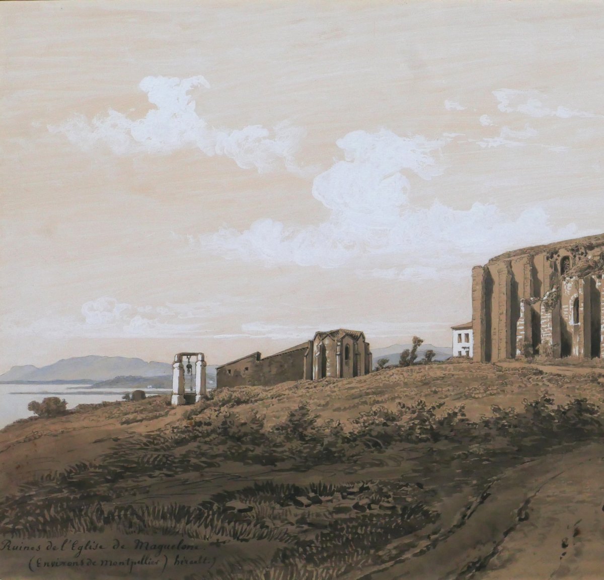 Edouard HOSTEIN 1804-1889 Hérault, Maguelone, cathédrale, dessin, vers 1850 paysage romantisme-photo-3