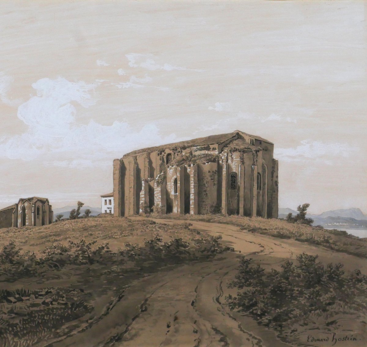 Edouard HOSTEIN 1804-1889 Hérault, Maguelone, cathédrale, dessin, vers 1850 paysage romantisme-photo-4
