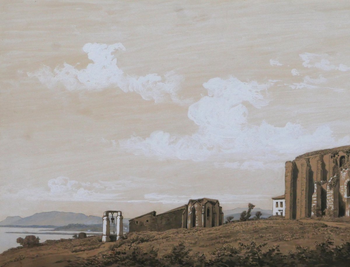 Edouard HOSTEIN 1804-1889 Hérault, Maguelone, cathédrale, dessin, vers 1850 paysage romantisme-photo-1