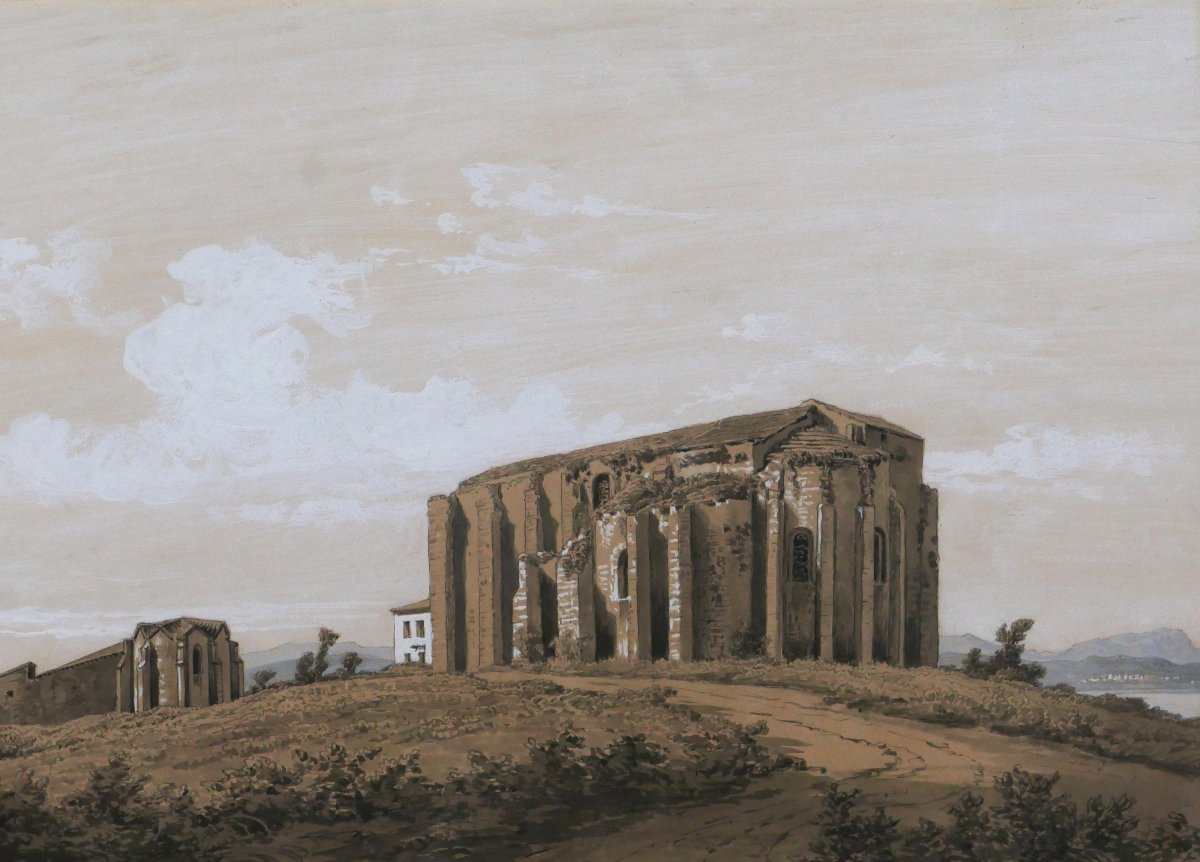Edouard HOSTEIN 1804-1889 Hérault, Maguelone, cathédrale, dessin, vers 1850 paysage romantisme-photo-2