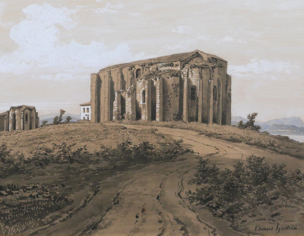 Edouard HOSTEIN 1804-1889 Hérault, Maguelone, cathédrale, dessin, vers 1850 paysage romantisme-photo-3