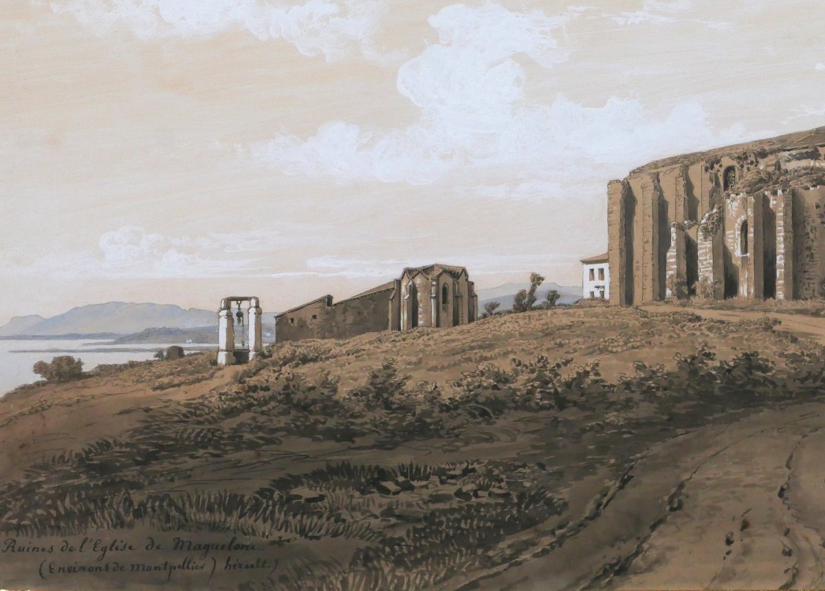 Edouard HOSTEIN 1804-1889 Hérault, Maguelone, cathédrale, dessin, vers 1850 paysage romantisme-photo-4