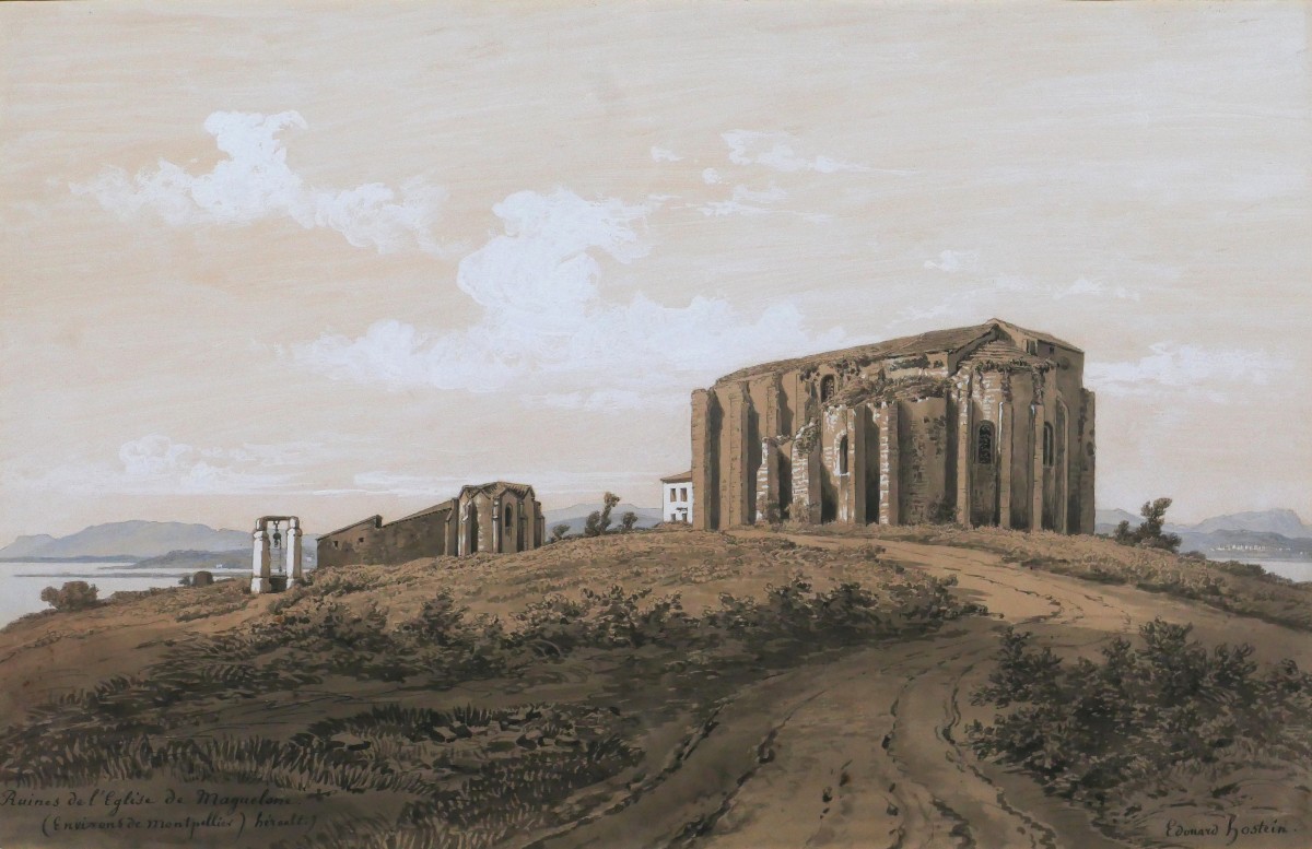Edouard HOSTEIN 1804-1889 Hérault, Maguelone, cathédrale, dessin, vers 1850 paysage romantisme