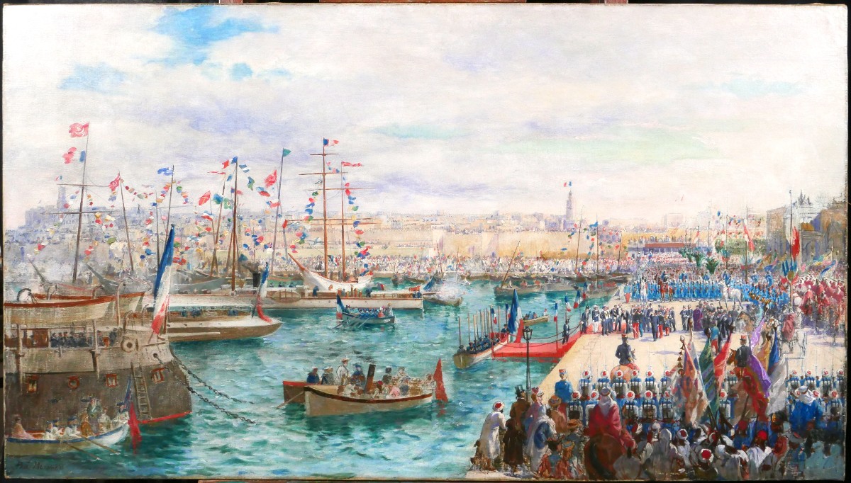 Paul Merwart 1855-1902 Tunisie, Le port de Sousse, inauguration travaux port, grand tableau
