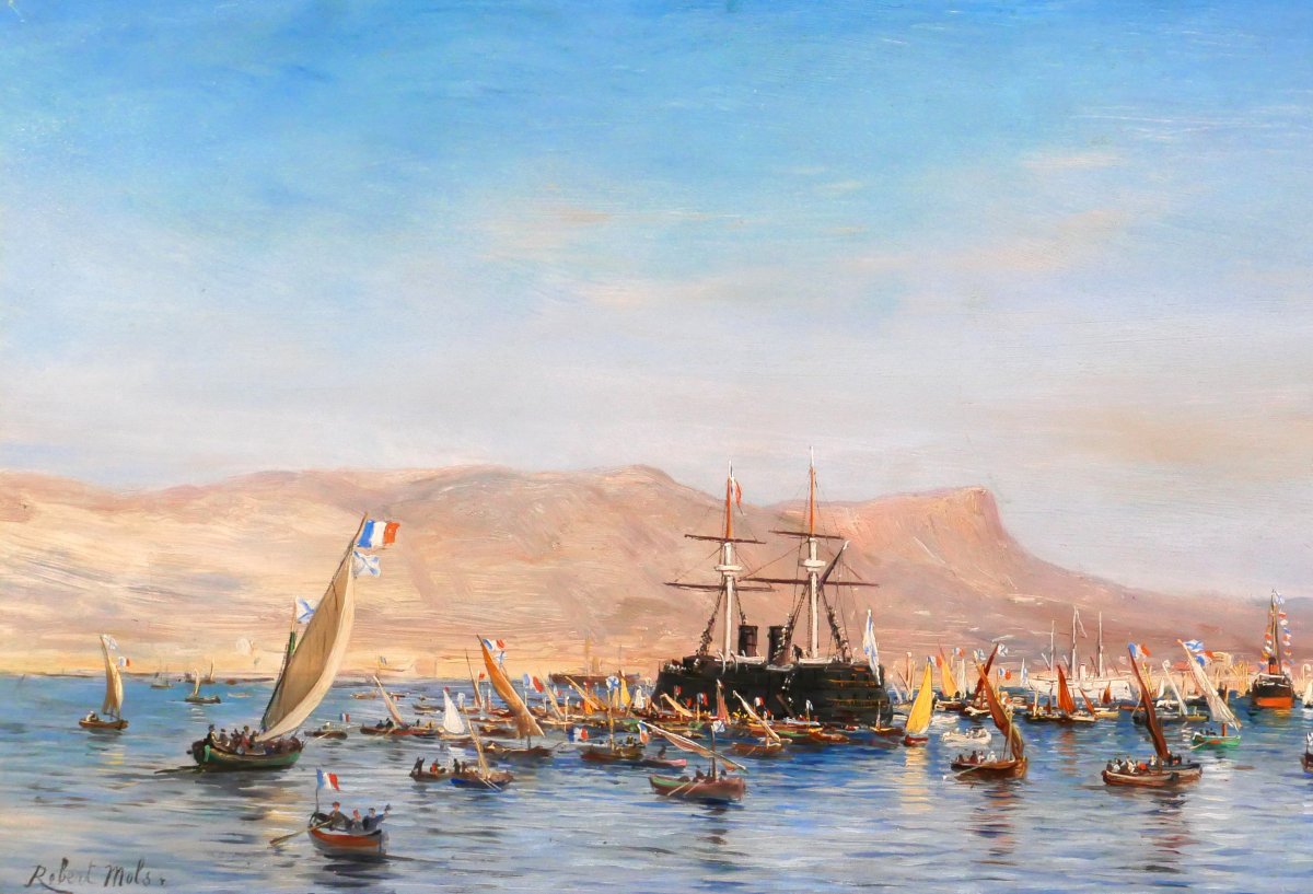 Robert Mols 1848-1903 Toulon, The Russian Squadron, 1893 Celebrations, Painting Of A Ship, Marine Scene, Var Landscape-photo-3