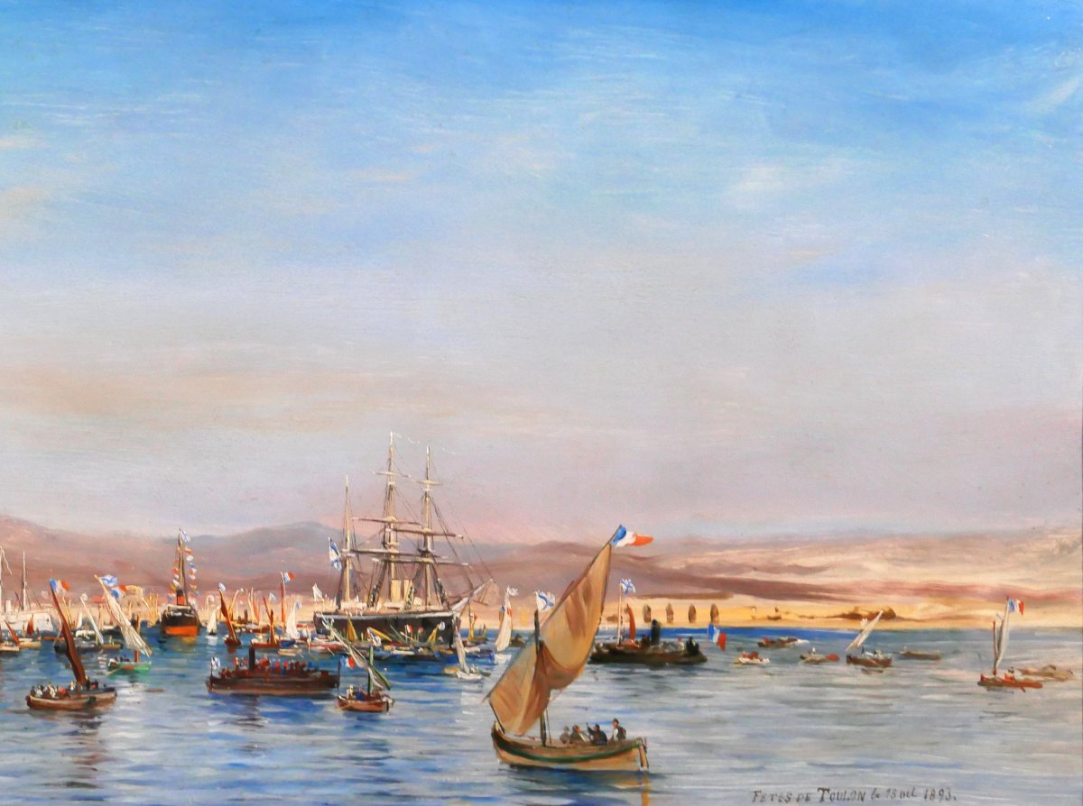 Robert Mols 1848-1903 Toulon, The Russian Squadron, 1893 Celebrations, Painting Of A Ship, Marine Scene, Var Landscape-photo-4