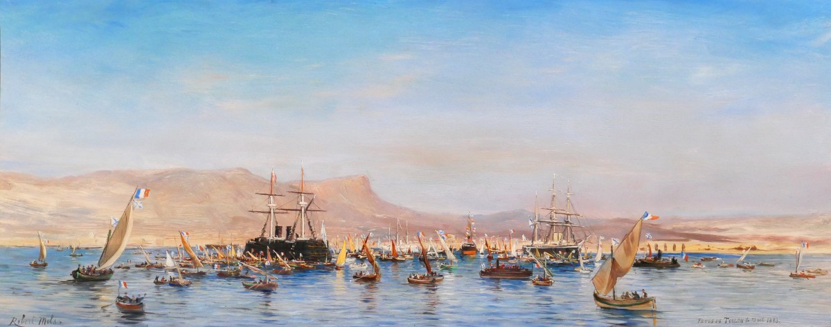 Robert Mols 1848-1903 Toulon, The Russian Squadron, 1893 Celebrations, Painting Of A Ship, Marine Scene, Var Landscape