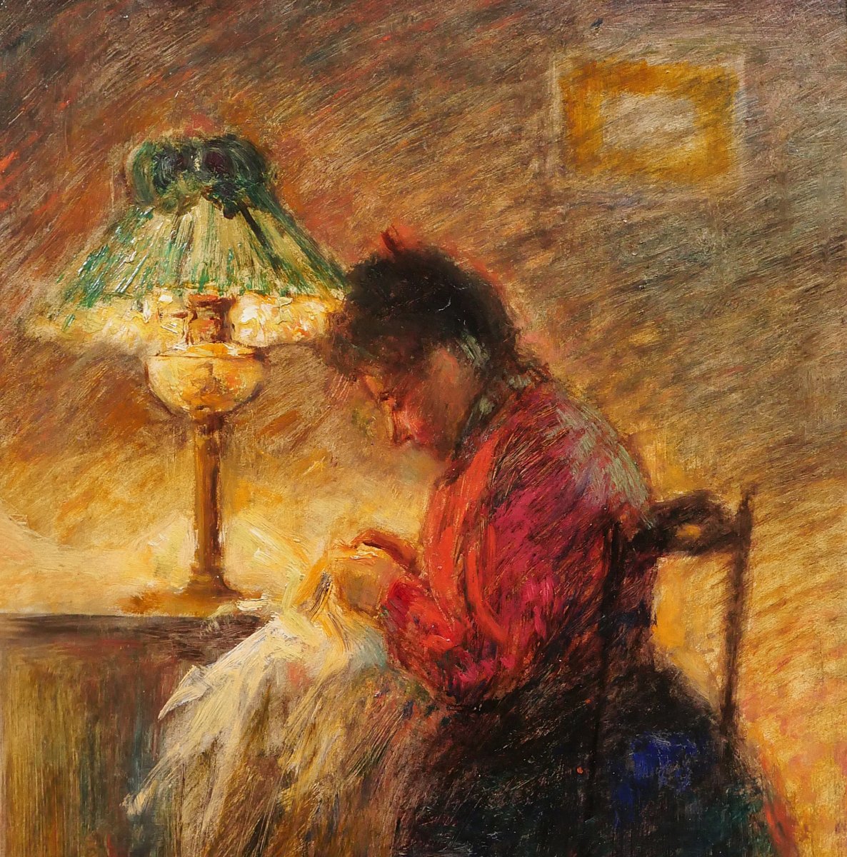 French School Circa 1900 Woman Sewing, Painting, Interior, Impressionism-photo-3