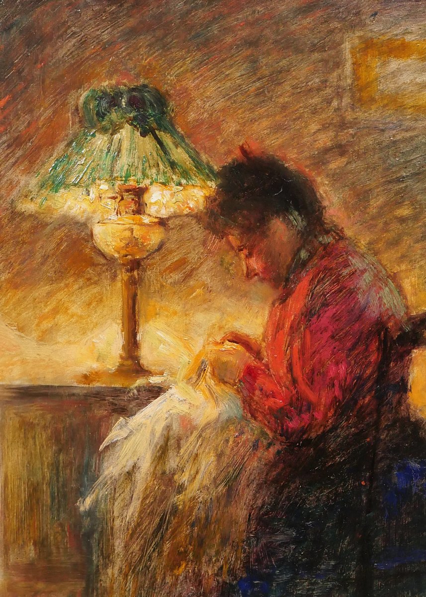 French School Circa 1900 Woman Sewing, Painting, Interior, Impressionism-photo-1