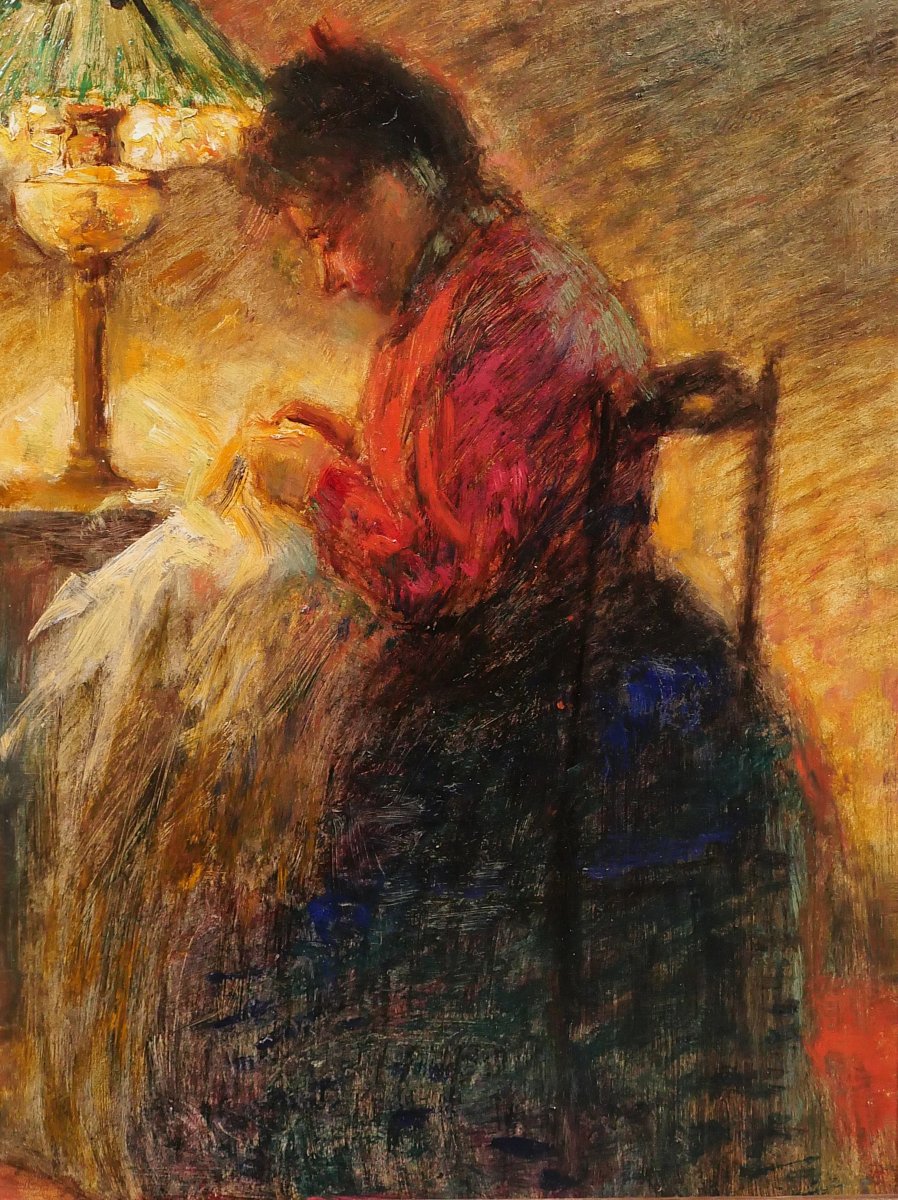 French School Circa 1900 Woman Sewing, Painting, Interior, Impressionism-photo-3