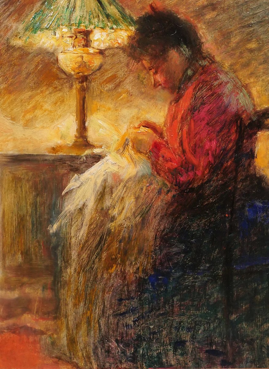 French School Circa 1900 Woman Sewing, Painting, Interior, Impressionism-photo-4