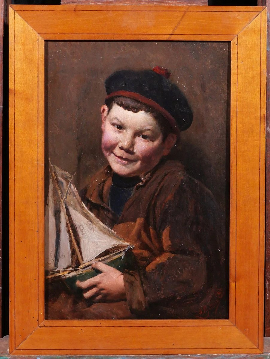 Aloïs BOUDRY 1851-1938 Portrait d'enfant au bateau, tableau, vers 1900 maquette impressionnisme-photo-2