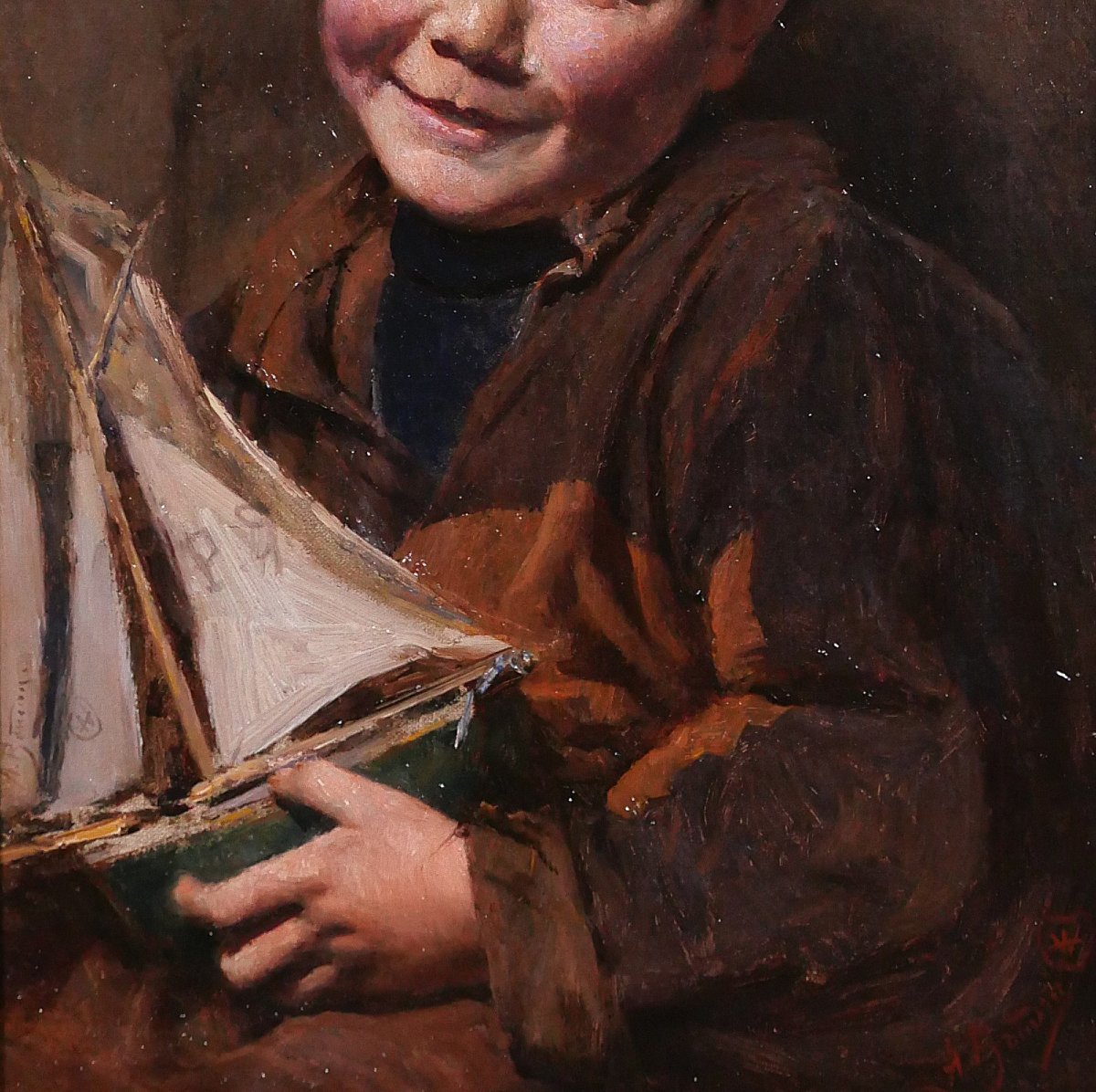 Aloïs BOUDRY 1851-1938 Portrait d'enfant au bateau, tableau, vers 1900 maquette impressionnisme-photo-4