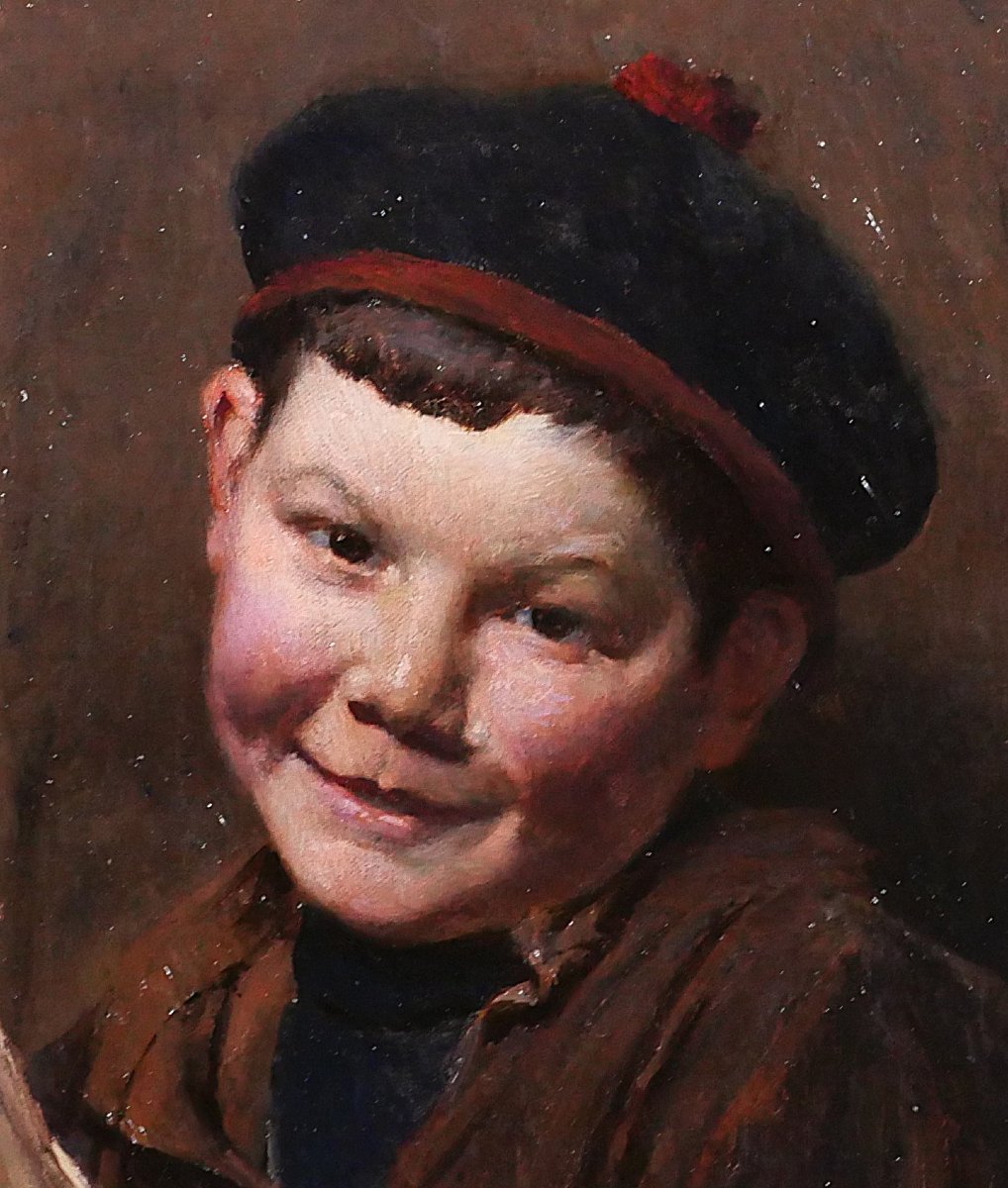 Aloïs BOUDRY 1851-1938 Portrait d'enfant au bateau, tableau, vers 1900 maquette impressionnisme-photo-1