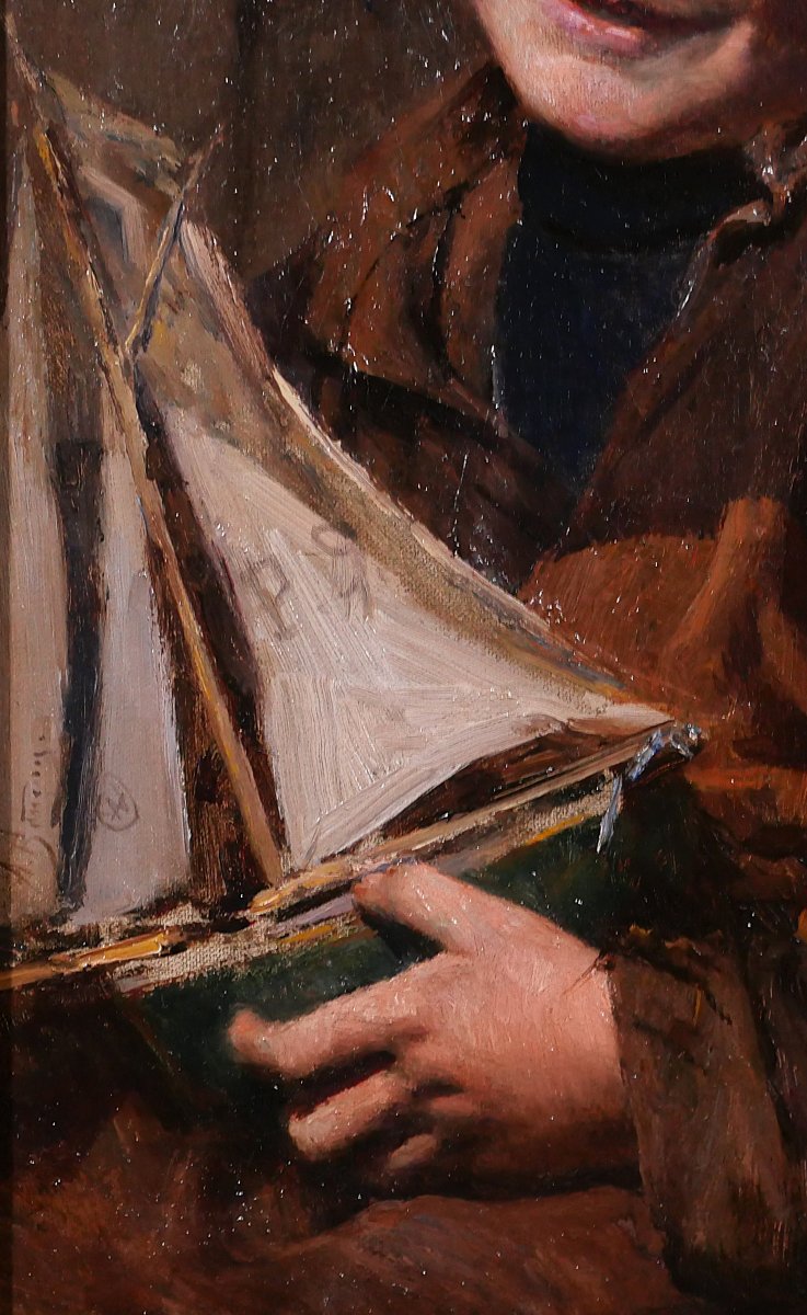 Aloïs BOUDRY 1851-1938 Portrait d'enfant au bateau, tableau, vers 1900 maquette impressionnisme-photo-2