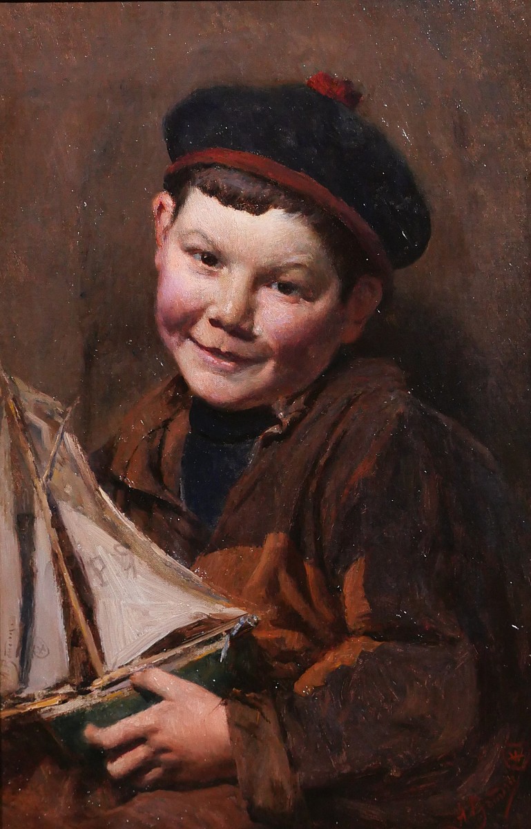 Aloïs BOUDRY 1851-1938 Portrait d'enfant au bateau, tableau, vers 1900 maquette impressionnisme