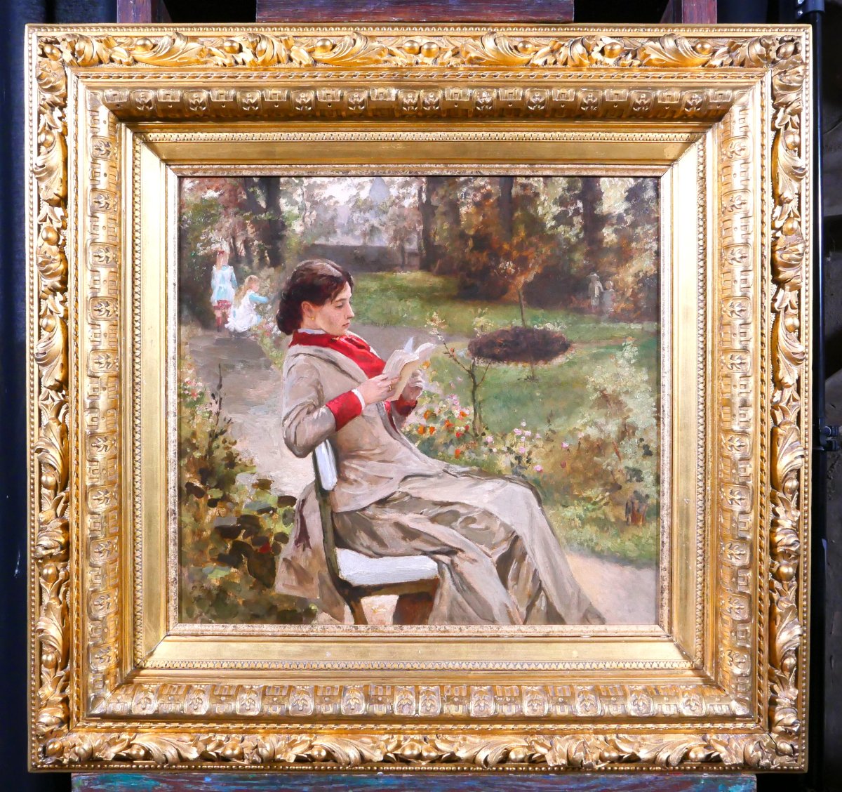Gustave Coppieters 1840-1885 Reading In The Garden, Painting, 1882, Impressionism, Belgium-photo-2