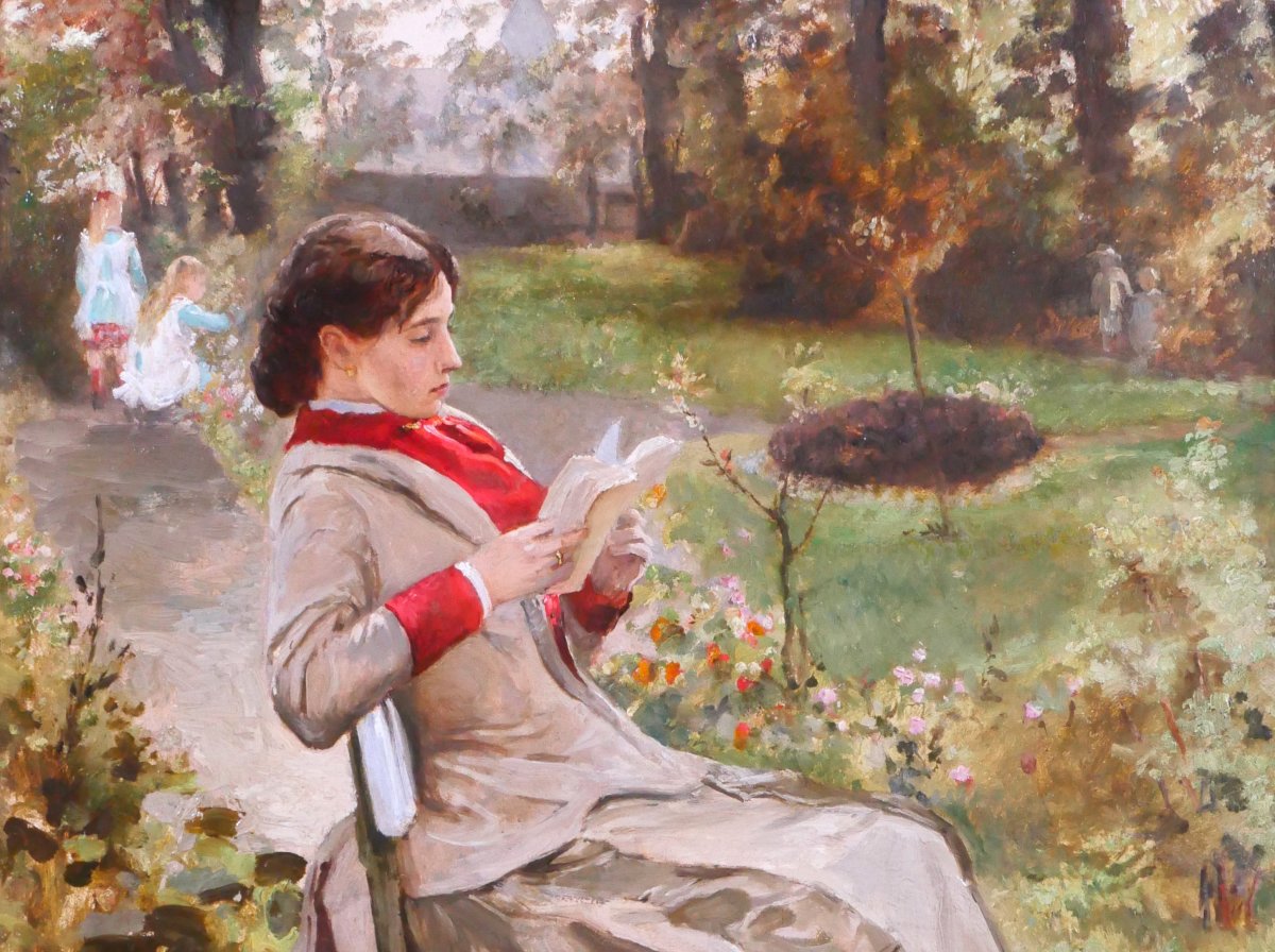 Gustave Coppieters 1840-1885 Reading In The Garden, Painting, 1882, Impressionism, Belgium-photo-3