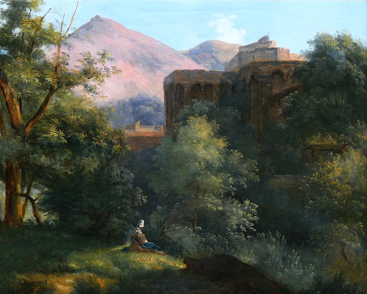 François-louis Dejuinne 1784-1844 Puy-de-dôme, Landscape, Saint-léger Church In Royat, Painting
