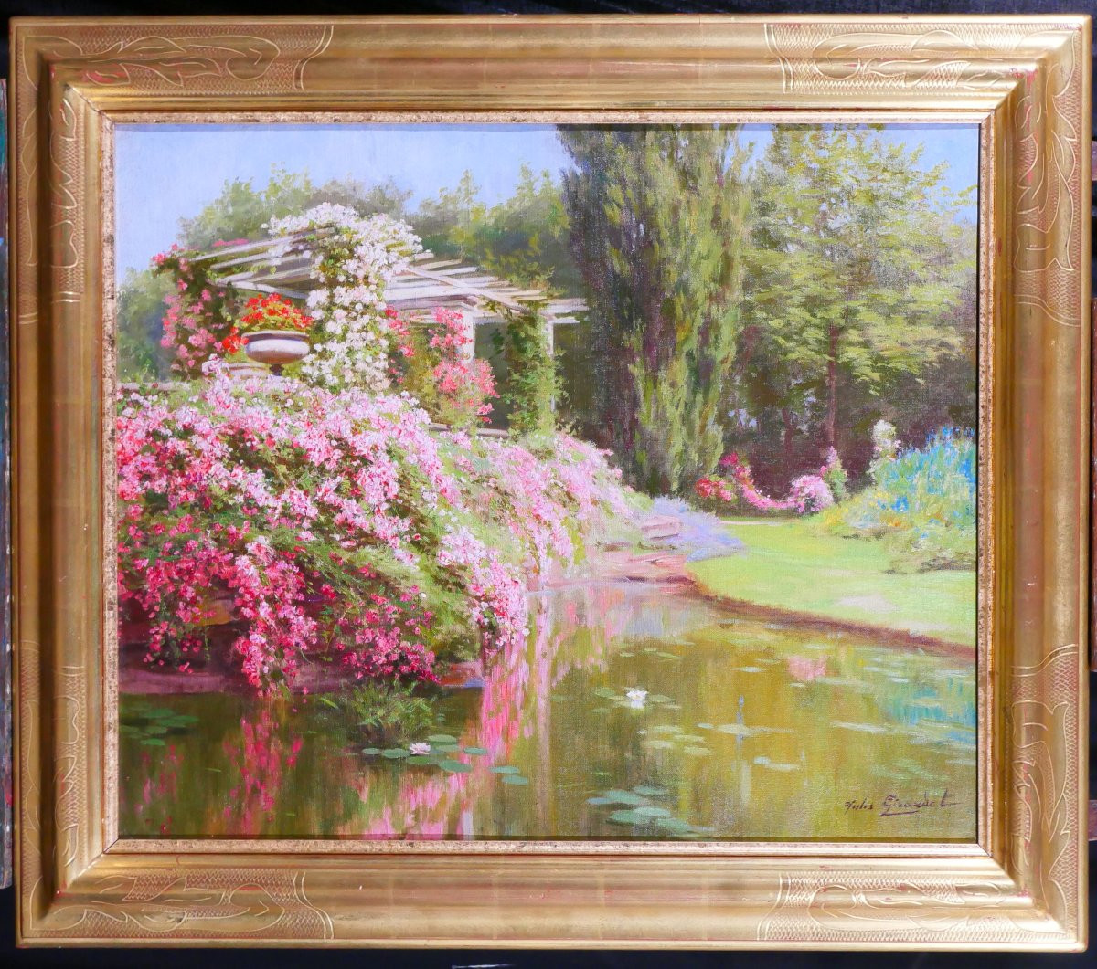 Jules Girardet 1856-1938 La roseraie du jardin, tableau, 1930 fleurs rose paysage parc-photo-2