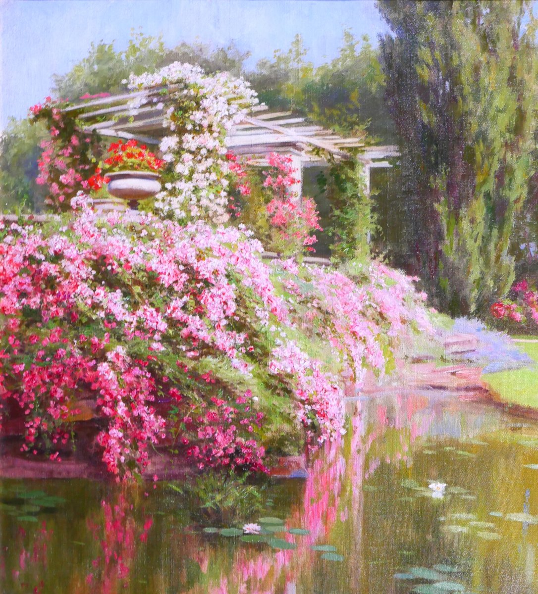 Jules Girardet 1856-1938 La roseraie du jardin, tableau, 1930 fleurs rose paysage parc-photo-3